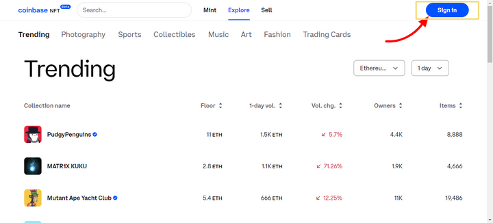 sign in coinbase NFT